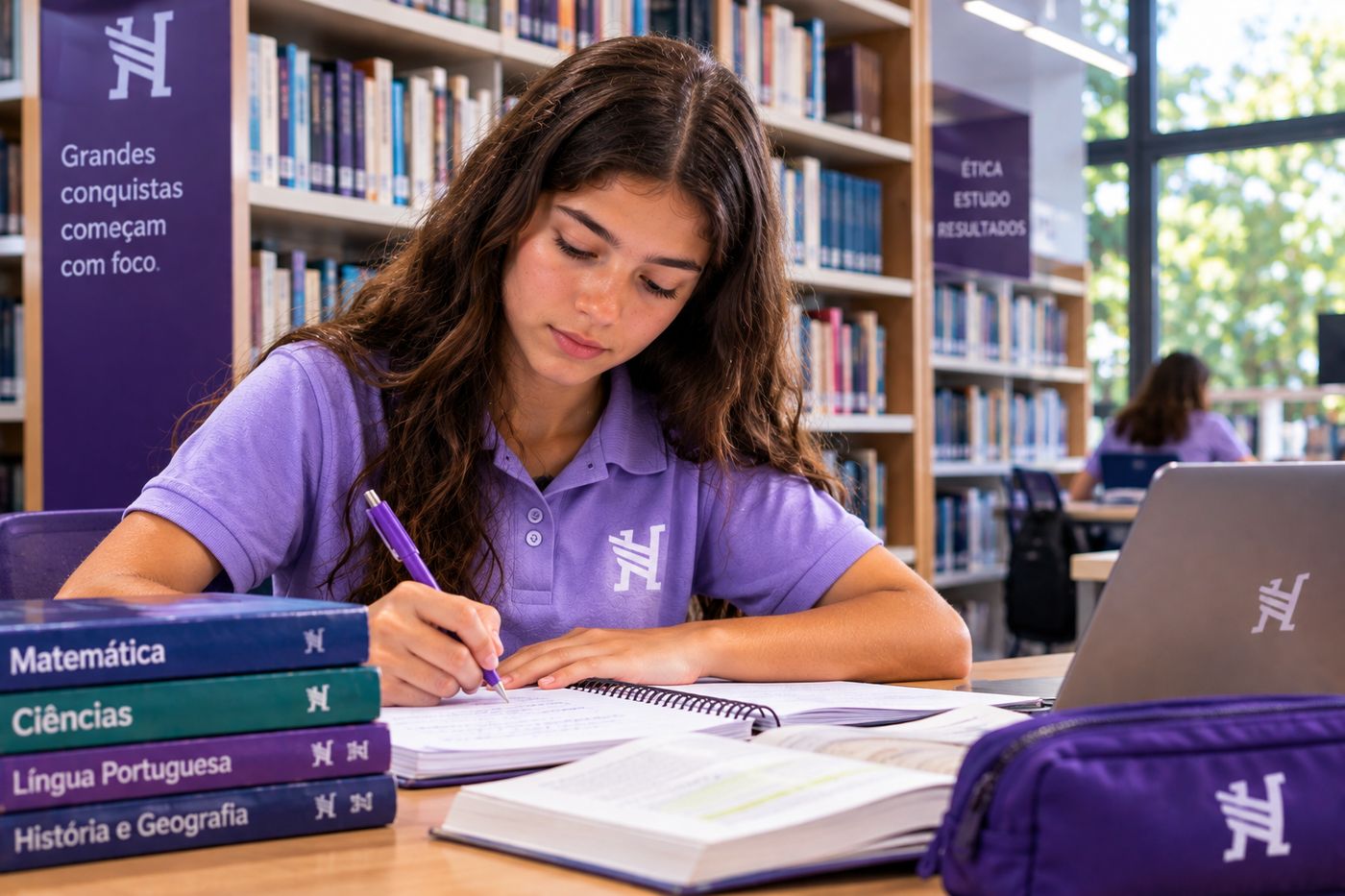 Aluna estudando na biblioteca do HG6