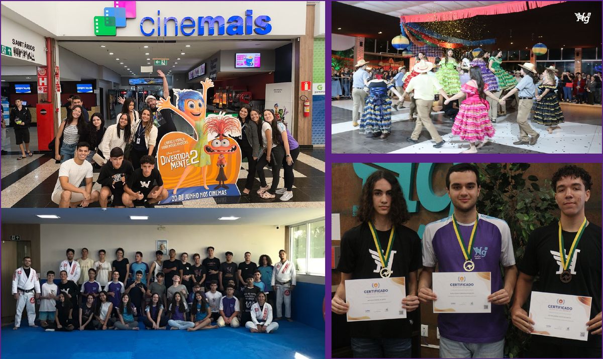 Alunos no cinema, em dança de festa junina e recebendo certificados de olimpíadas