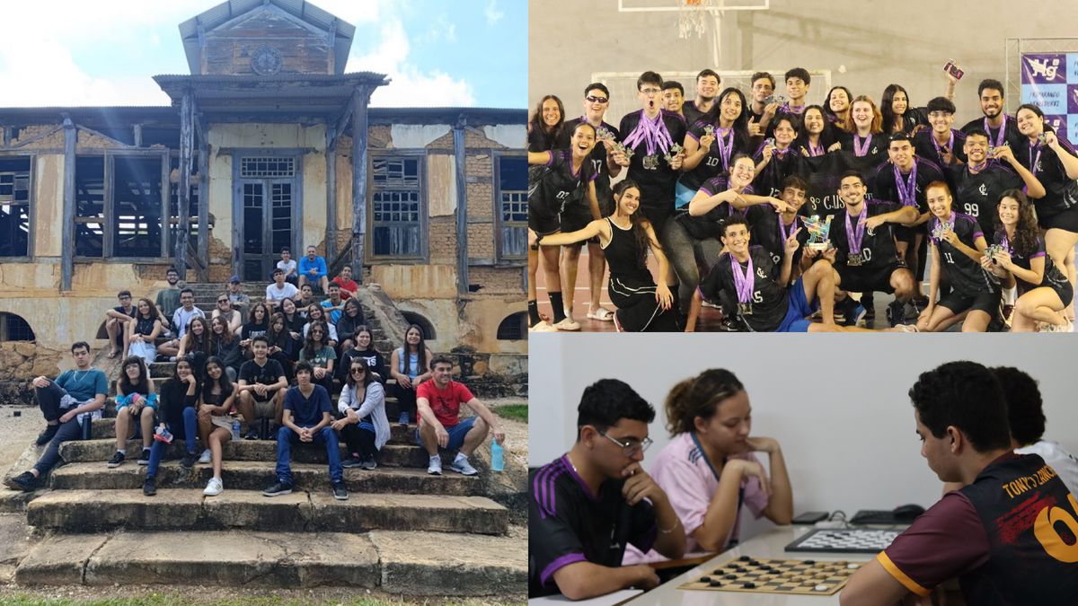 Alunos em viagem cultural, equipe de jogos internos e partida de damas