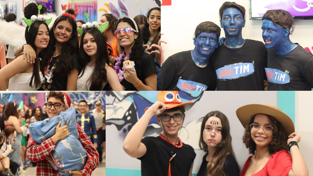 Alunos fantasiados no Trote Sagrado e em atividades da escola