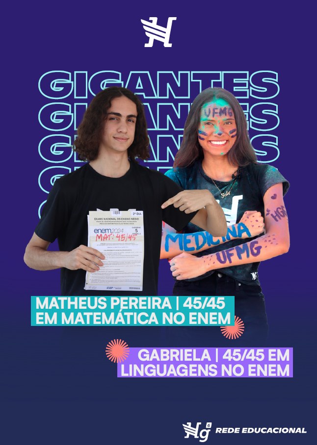 Cartaz Gigantes: Matheus Pereira, 45/45 em Matemática no ENEM, e Gabriela, 45/45 em Linguagens no ENEM